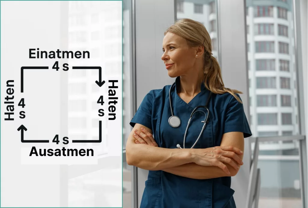 Eine weibliche medizinische Fachkraft steht mit verschränkten Armen neben einem Diagramm in deutscher Sprache, das eine Atemübung mit Einatmen, Halten, Ausatmen und Halten für jeweils 4 Sekunden zeigt.