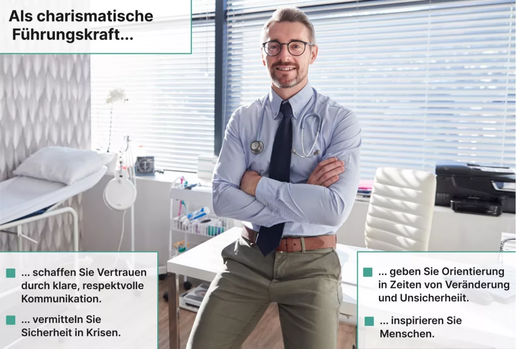 Ein selbstbewusster männlicher Arzt mit einem Stethoskop sitzt auf einem Schreibtisch in einer hellen Arztpraxis, begleitet von Führungsqualitäten in deutschen Textkästen.