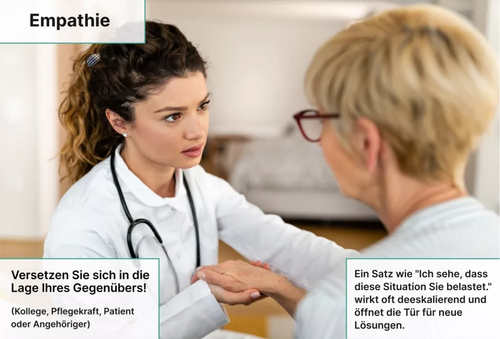 Eine Ärztin sitzt einer älteren Frau gegenüber, hält ihre Hand und hört ihr aufmerksam zu. In den deutschen Textkästen finden sich Tipps für die Vermittlung von Empathie im Gesundheitswesen.