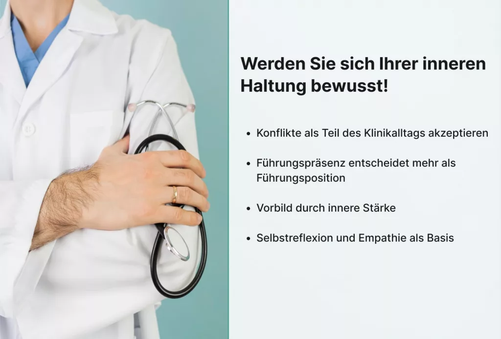 Ein Arzt im weißen Kittel hält ein Stethoskop; neben ihm liegt eine Liste in deutscher Sprache über Selbstbewusstsein und Führung in der klinischen Praxis.