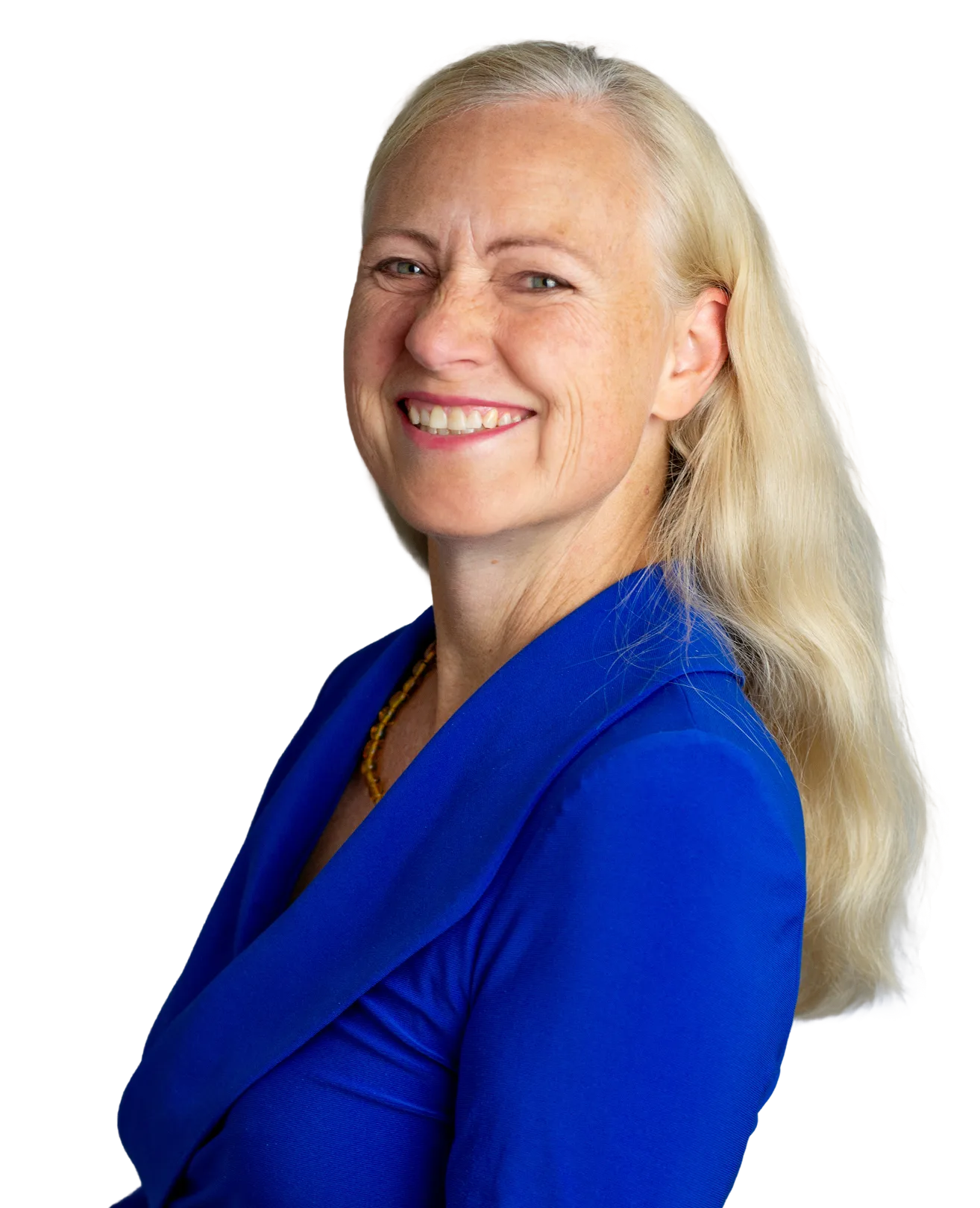 Diana Runge, erfahrene Coachin für Online-Leadership-Training für Ärzte, in einem blauen Blazer. Sie lächelt freundlich und blickt leicht zur Seite, ihr blondes Haar fällt sanft über die Schulter.