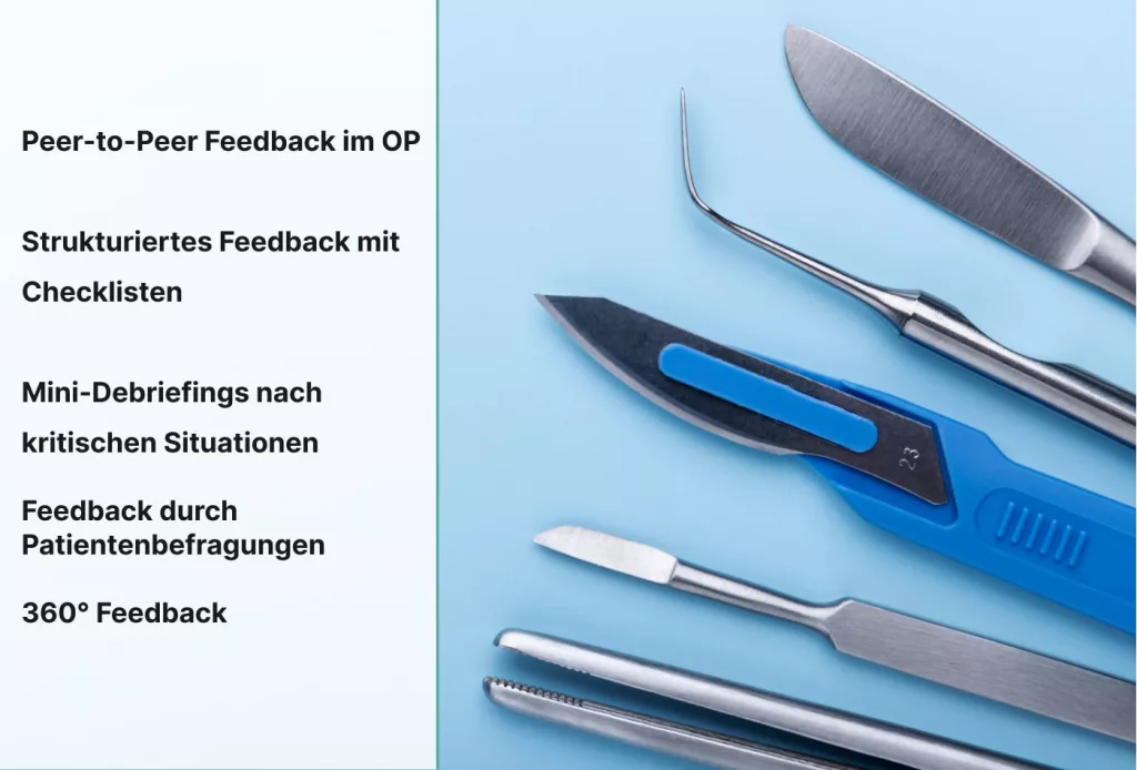 Ein Satz chirurgischer Instrumente auf blauem Hintergrund neben einer Liste von Feedback-Methoden in deutscher Sprache im Zusammenhang mit der medizinischen Praxis und der Patientenbewertung.