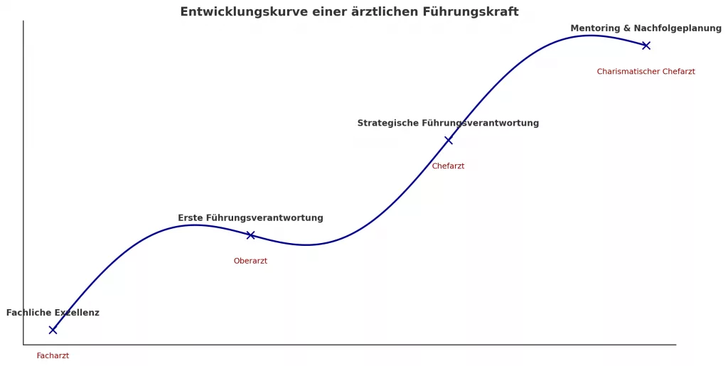 Ein Schaubild mit dem Titel "Entwicklungskurve einer ärztlichen Führungskraft" zeigt die Karrierestufen vom Facharzt zum Chefarzt und endet mit Mentoring & Nachfolgeplanung.